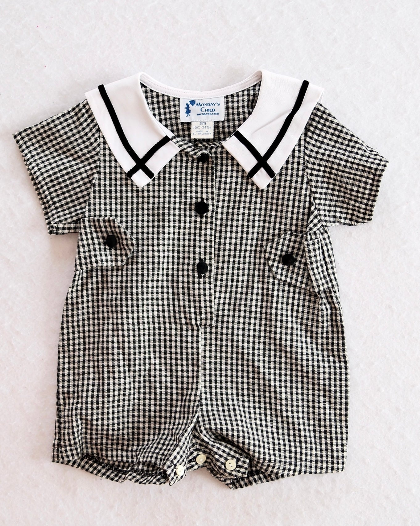 Heriloom Monday’s Child Black Gingham Baby Romper: 3M