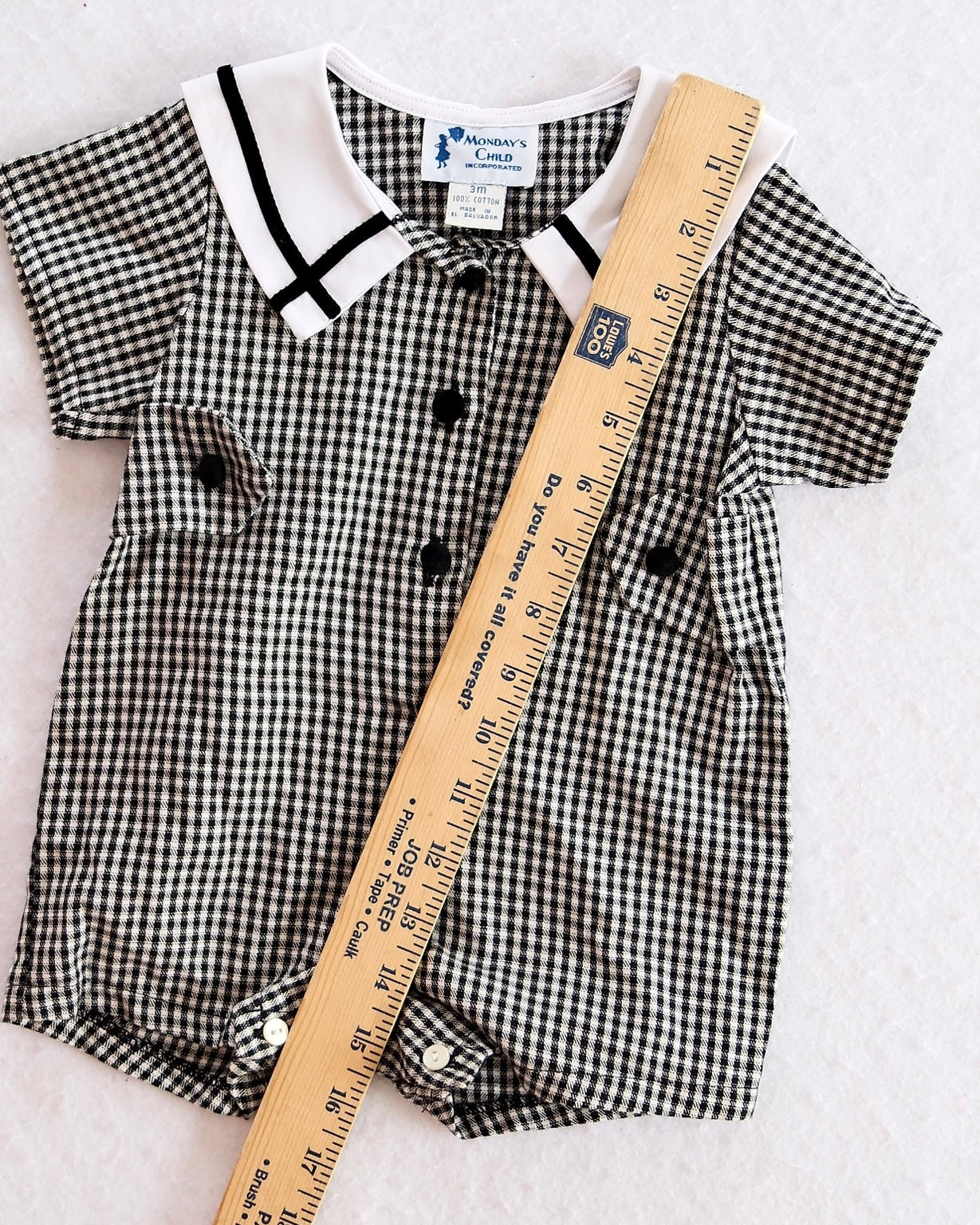 Heriloom Monday’s Child Black Gingham Baby Romper: 3M
