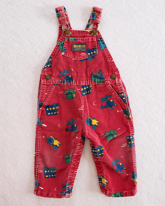 Vintage OshKosh B’gosh Red Corduroy Vehicle Print Overalls: 18m