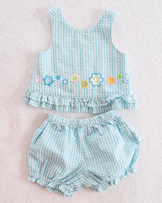 Y2K Cuddle Bear Light Blue Gingham Short Set: 6m+