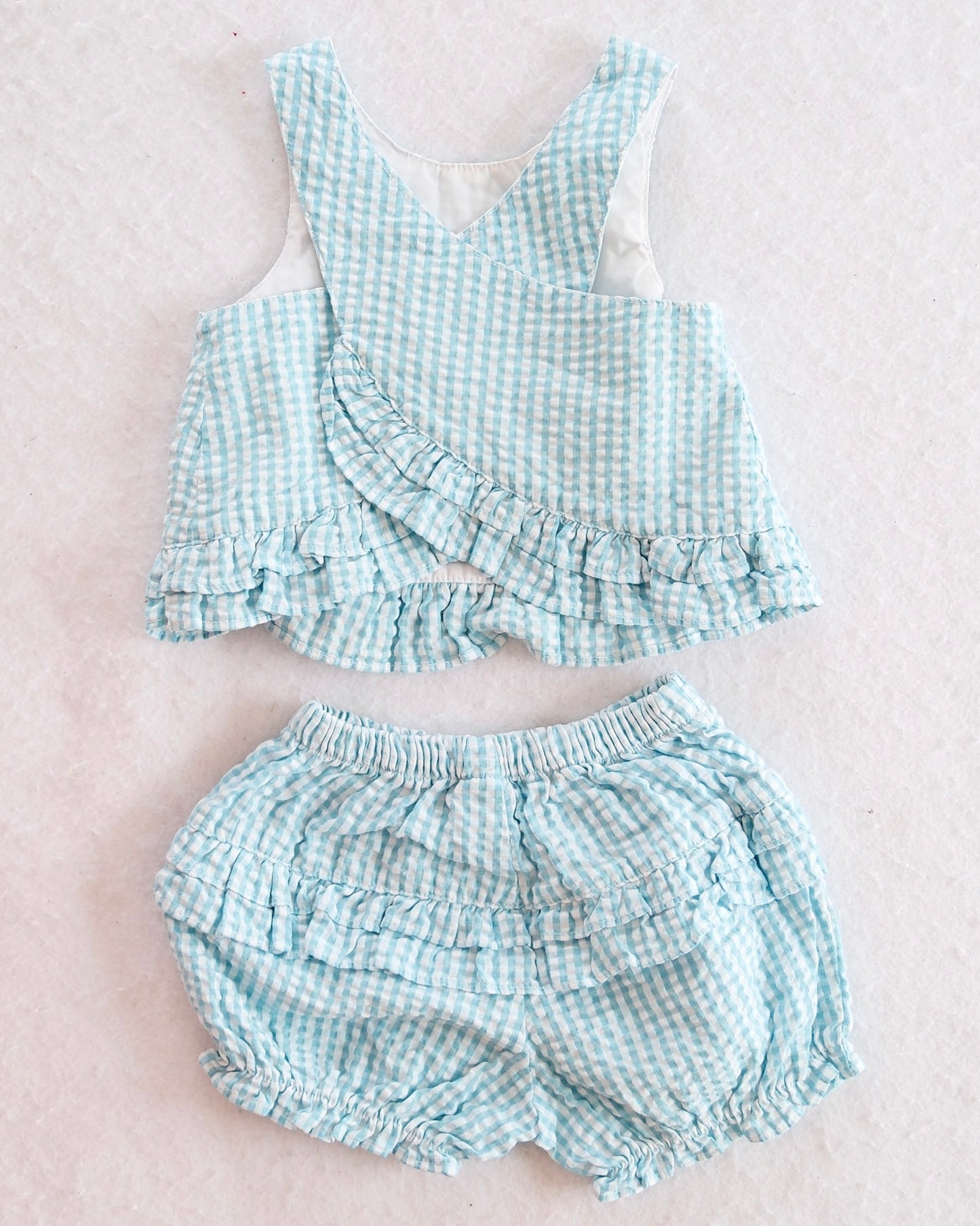 Y2K Cuddle Bear Light Blue Gingham Short Set: 6m+