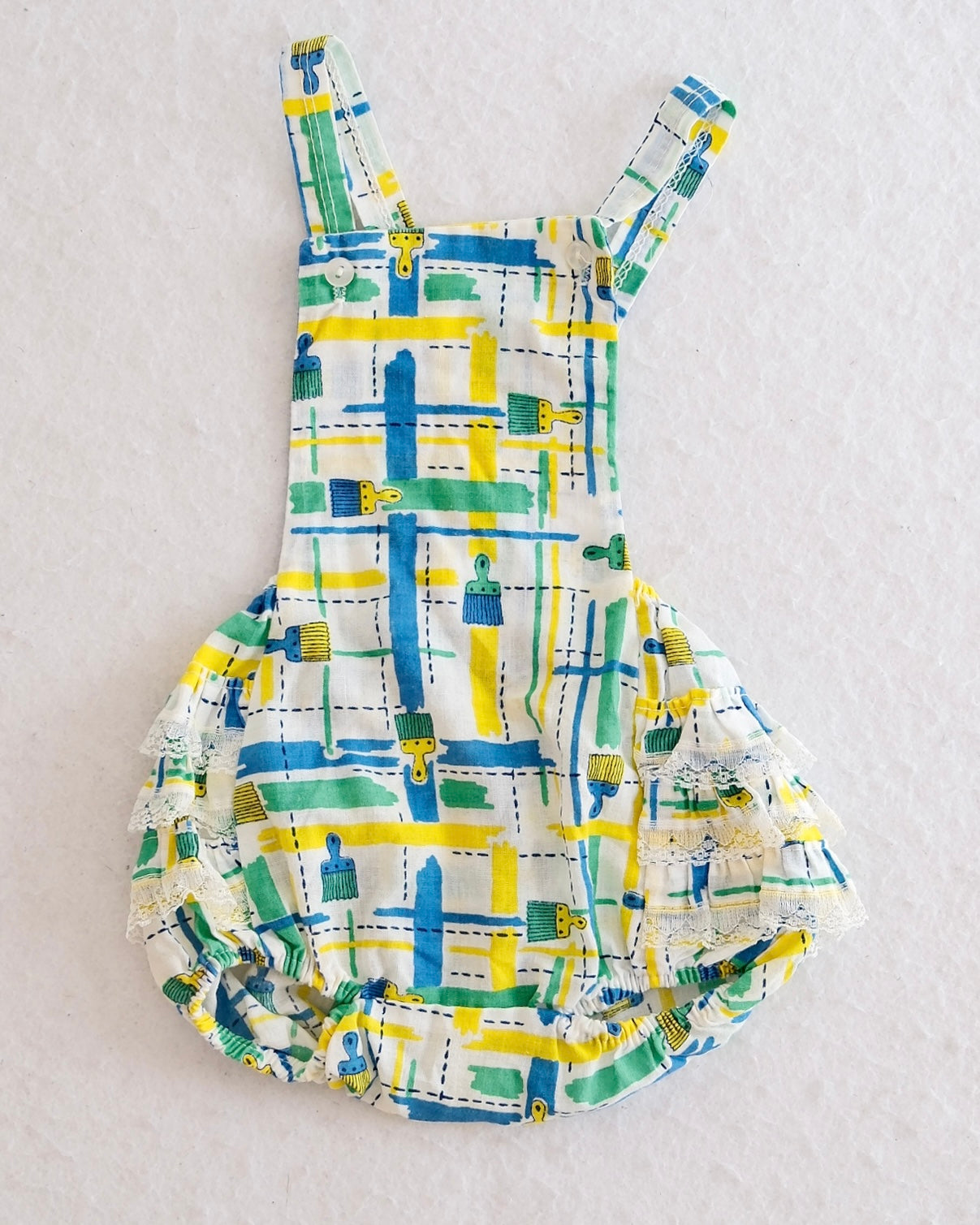 Vintage Lily Kids Baby Paintbrush Print Lace Ruffle Bum Sunsuit: 18m