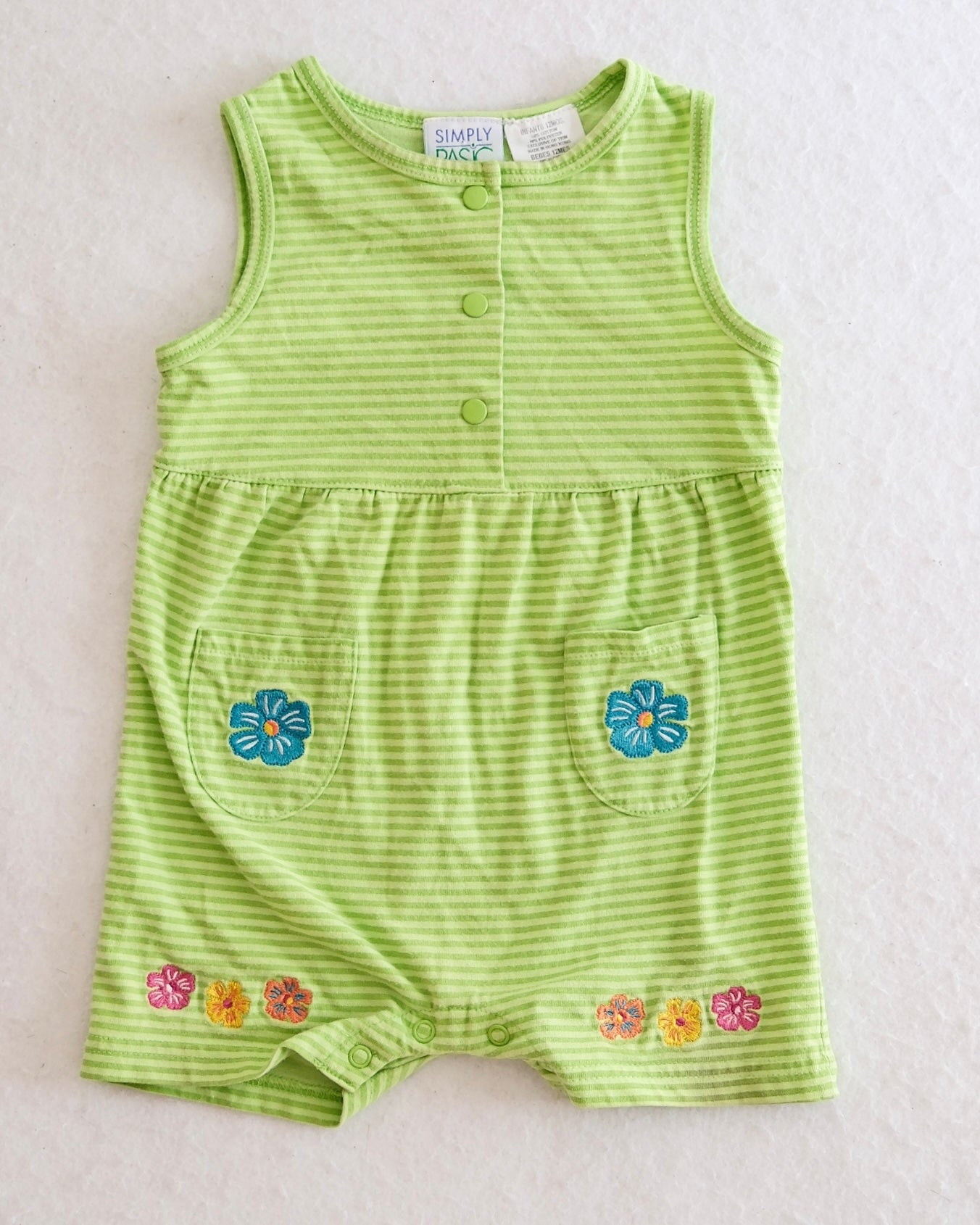 Vintage Simply Basic Green Stripe Tropical Flower Embroidered Baby Romper: 12m