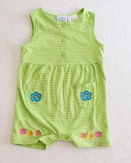 Vintage Simply Basic Green Stripe Tropical Flower Embroidered Baby Romper: 12m