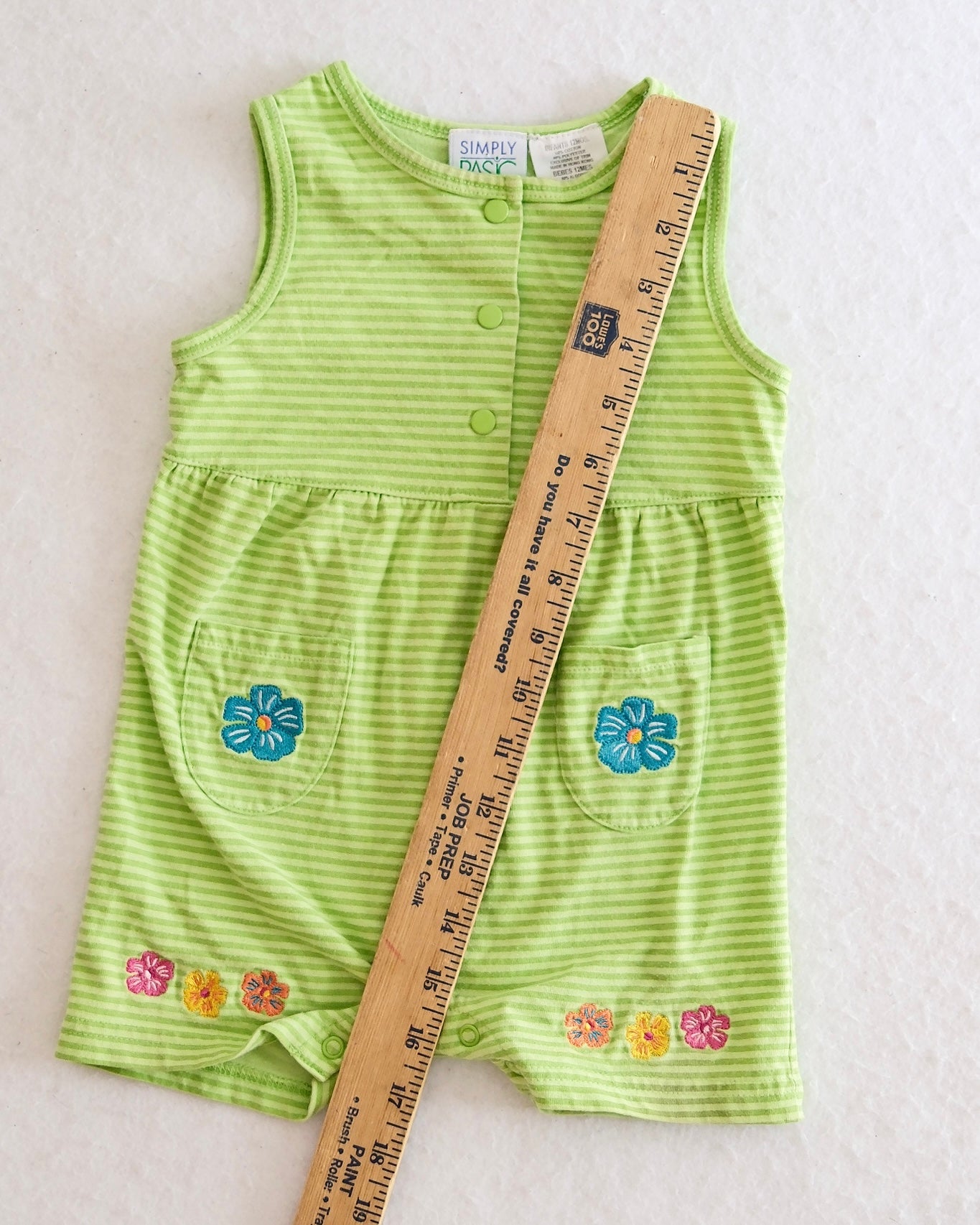 Vintage Simply Basic Green Stripe Tropical Flower Embroidered Baby Romper: 12m