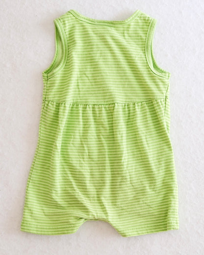 Vintage Simply Basic Green Stripe Tropical Flower Embroidered Baby Romper: 12m