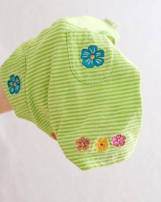 Vintage Simply Basic Green Stripe Tropical Flower Embroidered Baby Romper: 12m