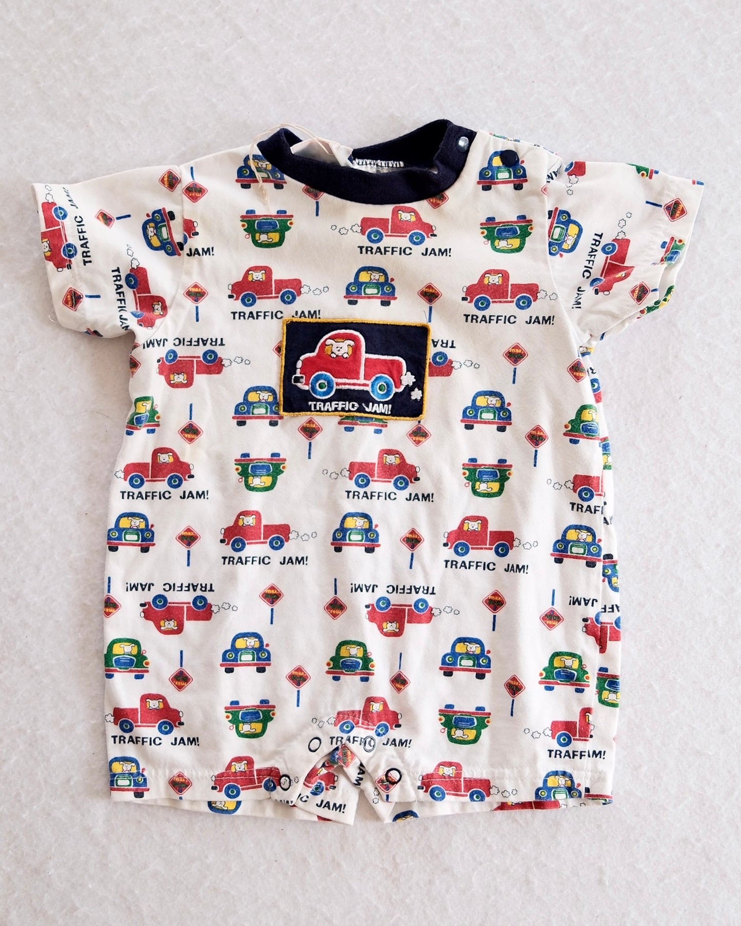Vintage Small Steps Traffic Jam Car Print Romper: 12m?