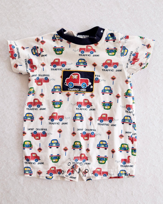 Vintage Small Steps Traffic Jam Car Print Romper: 12m?