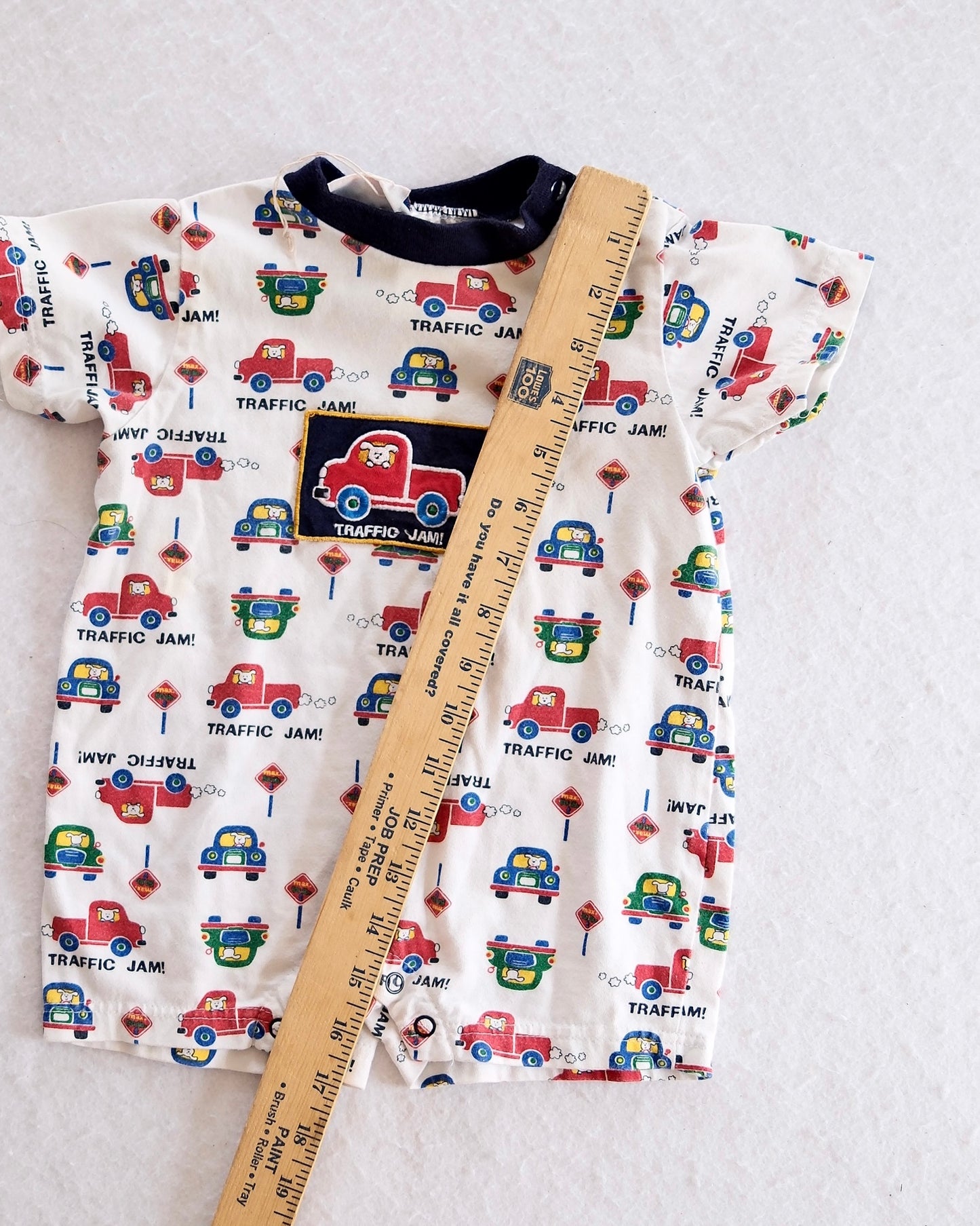 Vintage Small Steps Traffic Jam Car Print Romper: 12m?