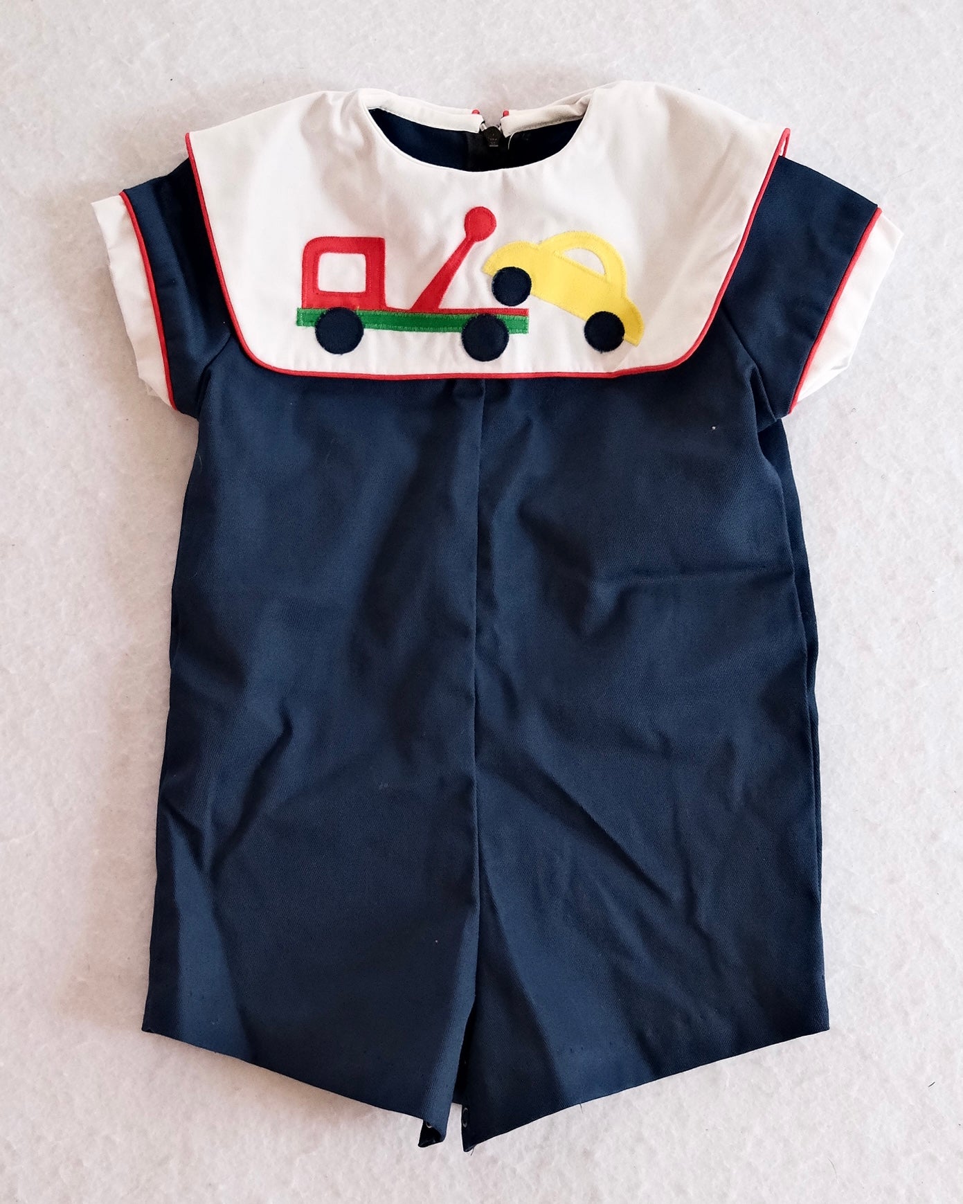 Vintage Robert Jackson Tow Truck Applique Baby Romper: 12m - Yellow Clover Vintage Kids Clothes