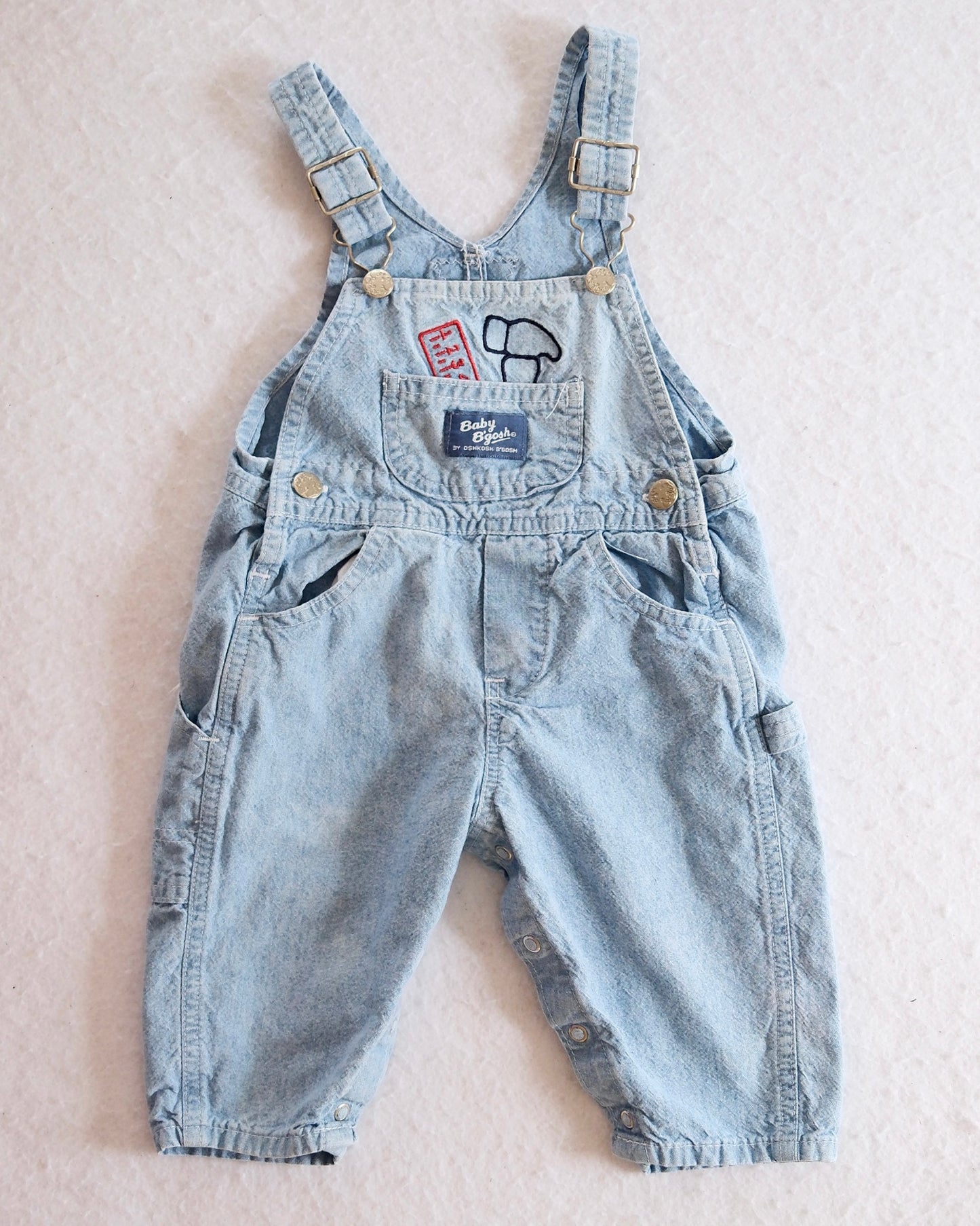 Vintage OshKosh Baby B’Gosh Light Wash Tool Embroidered Denim Overalls: 18m? - Yellow Clover Vintage Kids Clothes
