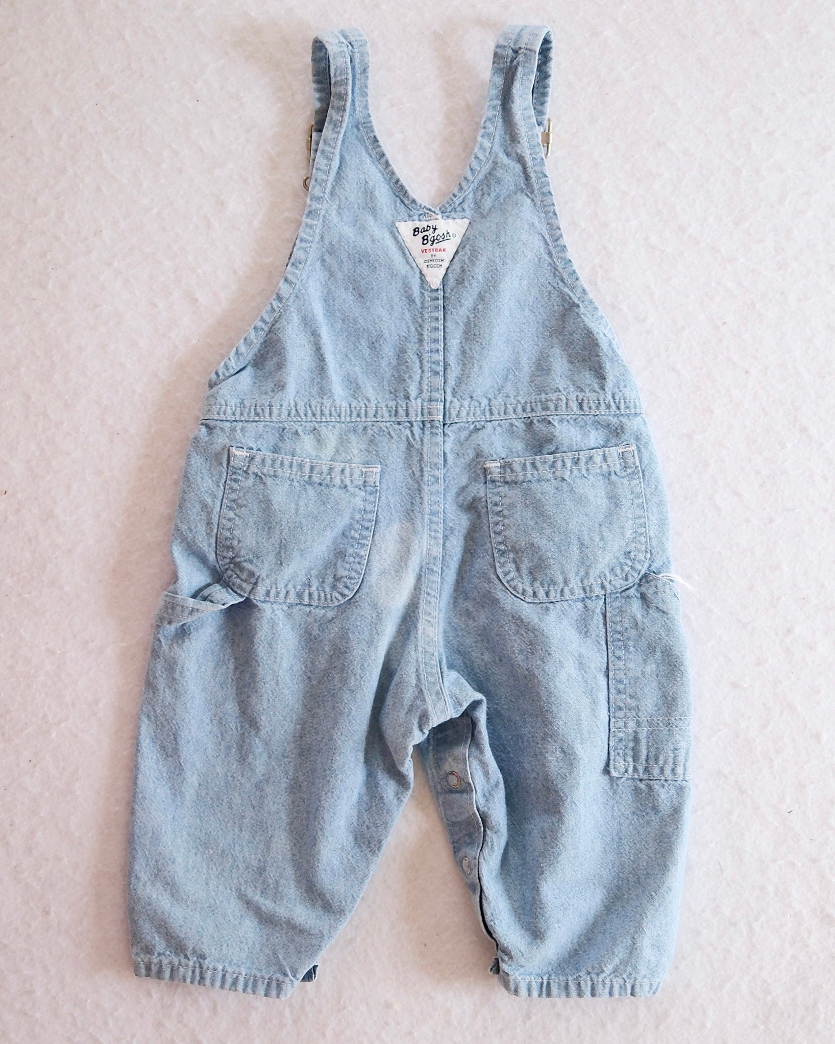 Vintage OshKosh Baby B’Gosh Light Wash Tool Embroidered Denim Overalls: 18m? - Yellow Clover Vintage Kids Clothes