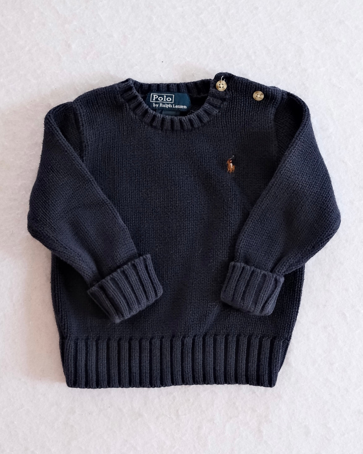Polo Ralph Lauren Navy Knit Baby Sweater with Shoulder Buttons: 12m - Yellow Clover Vintage Kids Clothes