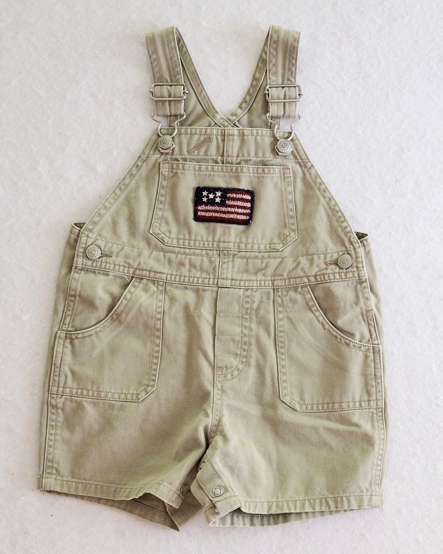 Vintage Baby Gap Khaki Flag Patch Toddler Short Overalls: Size 18-24 Months