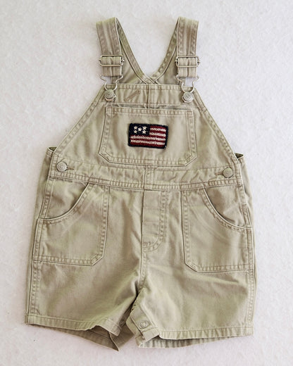Vintage Baby Gap Khaki Flag Patch Toddler Short Overalls: Size 18-24 Months