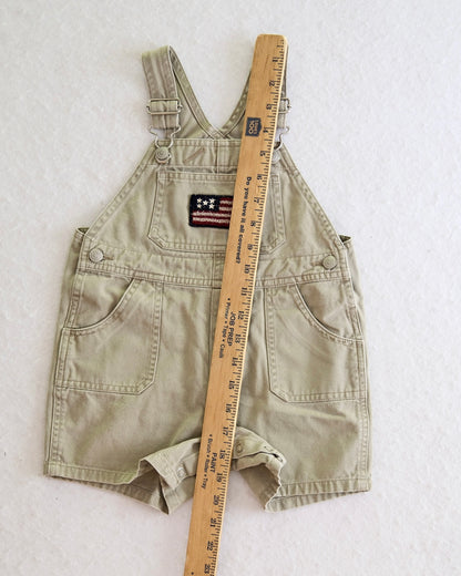 Vintage Baby Gap Khaki Flag Patch Toddler Short Overalls: Size 18-24 Months