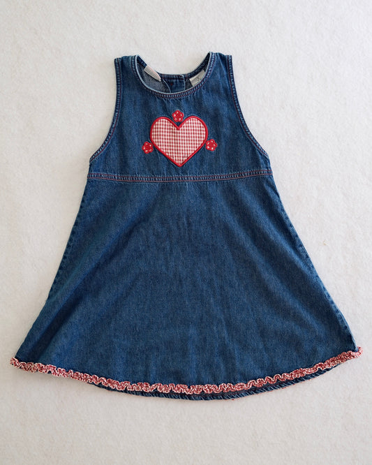Vintage Avon Style Kids Denim Heart Appliqué Dress: Size 4–5