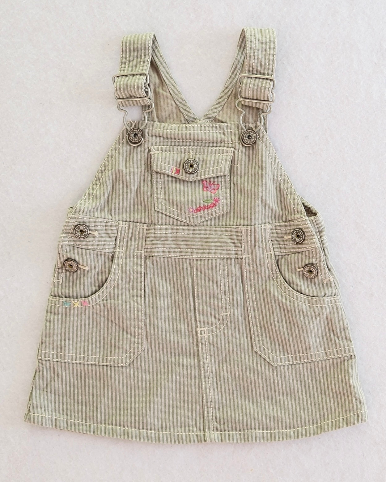Y2K OshKosh B'Gosh Baby Green Stripe Overall Dress: Size 12 Months