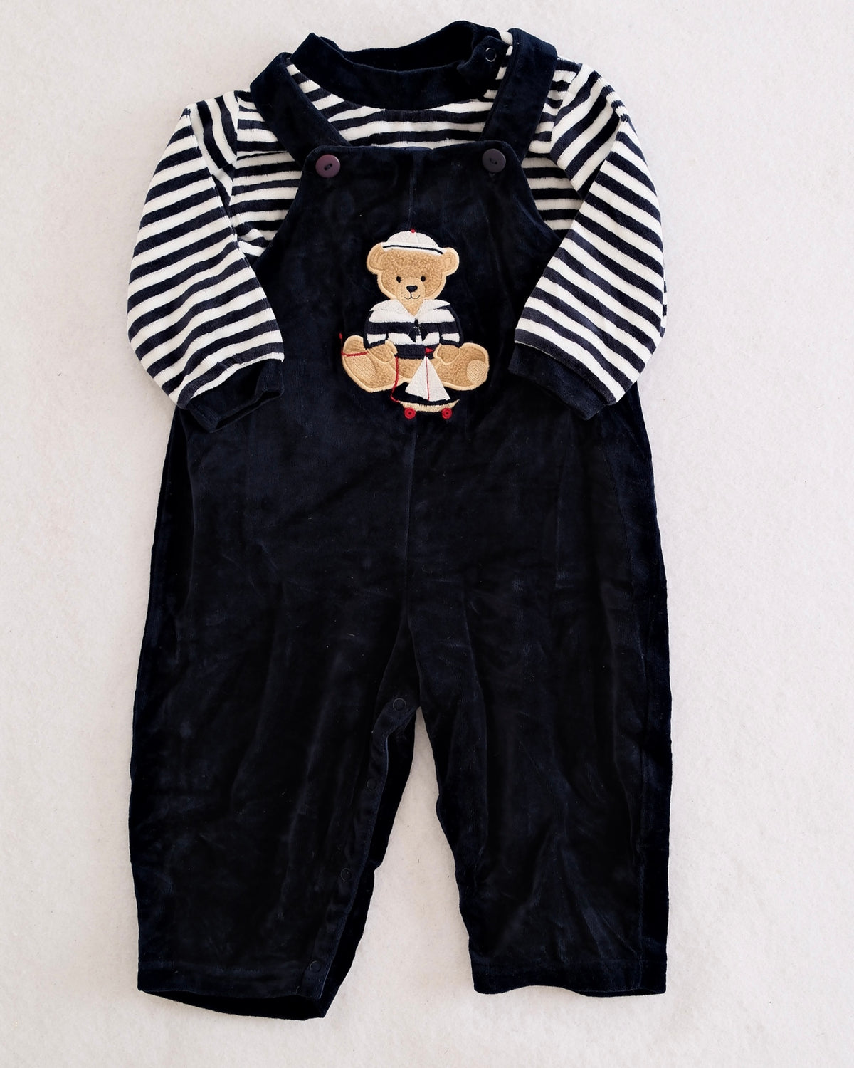 Y2K Good Lad Navy Velour Sailor Bear Overall Set: 12m