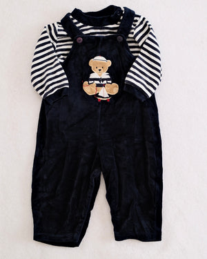 Y2K Good Lad Navy Velour Sailor Bear Overall Set: 12m