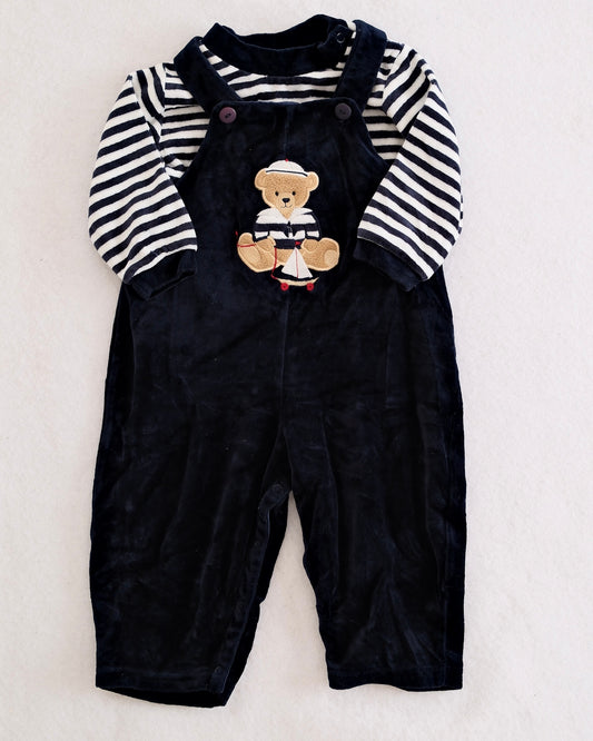 Y2K Good Lad Navy Velour Sailor Bear Overall Set: 12m