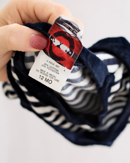 Y2K Good Lad Navy Velour Sailor Bear Overall Set: 12m