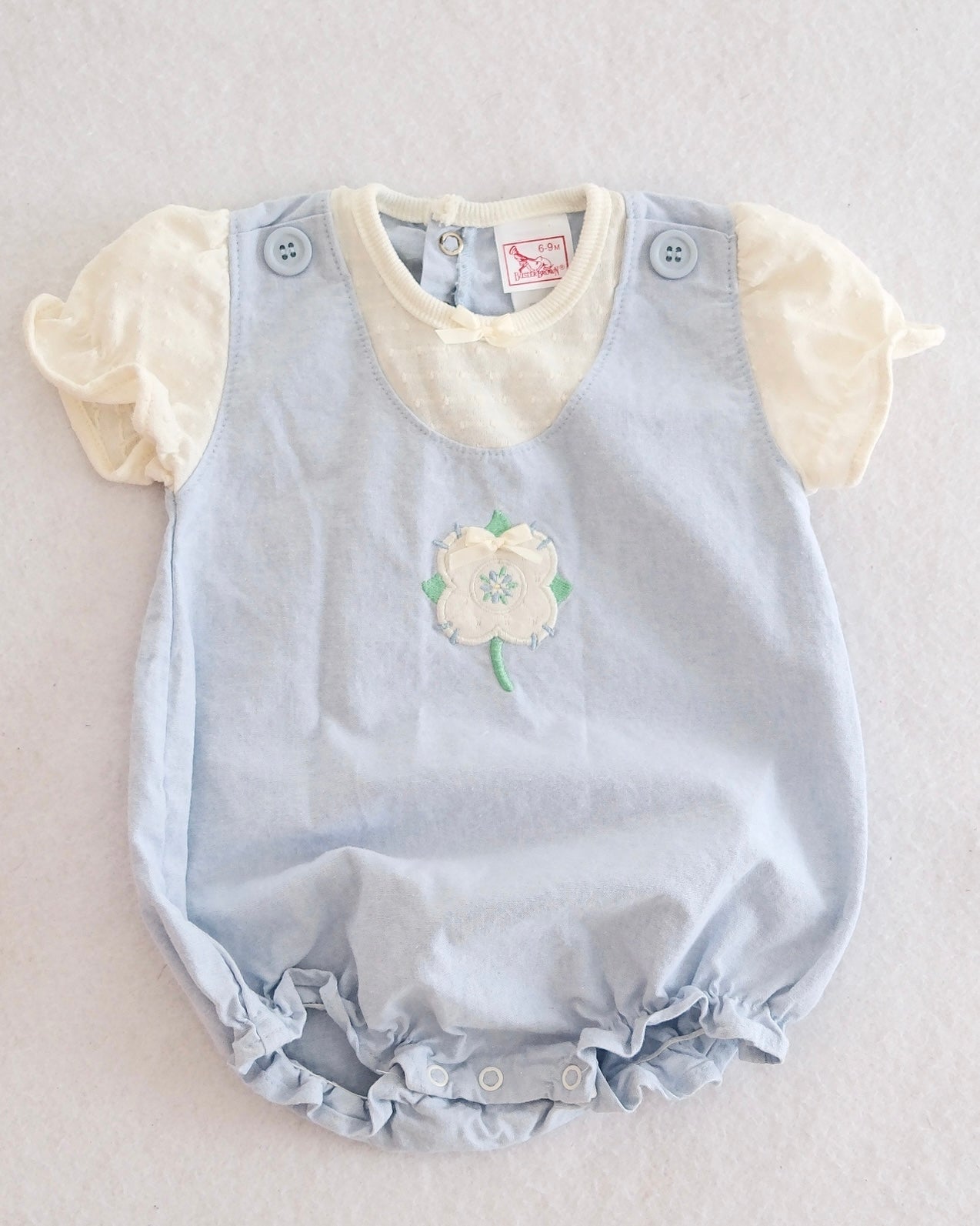 Vintage Buster Brown Chambray Flower Appliqué Romper: 12m?