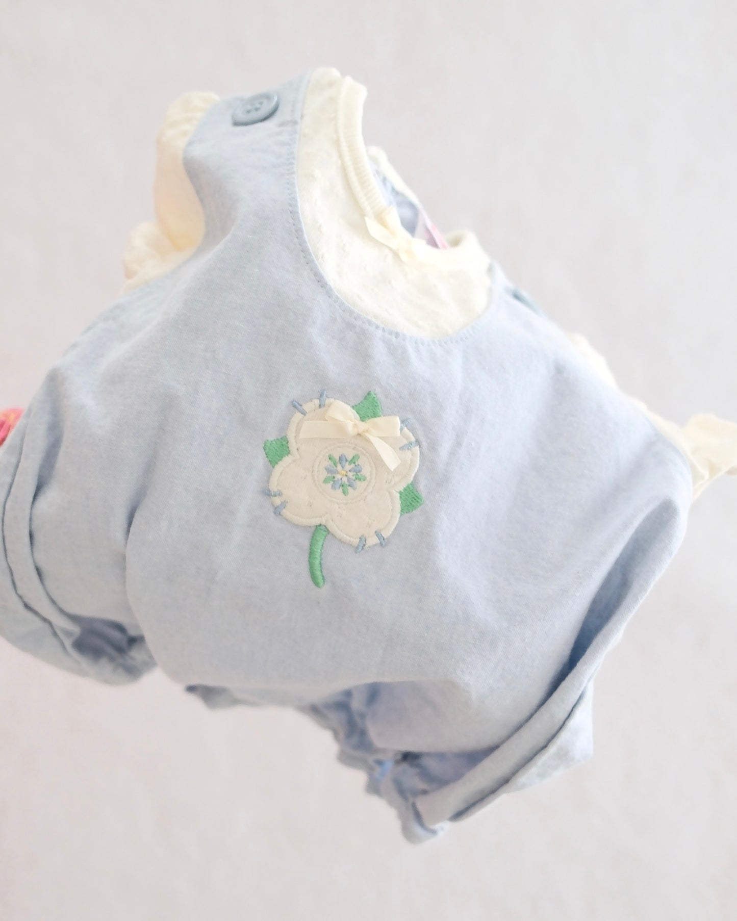 Vintage Buster Brown Chambray Flower Appliqué Romper: 12m?