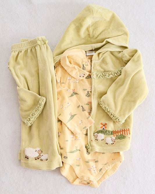 Vintage Gymboree 2006 Wooly Pals Bodysuit and Velour Hoodie Set Outfit: 24m - Yellow Clover Vintage Kids Clothes