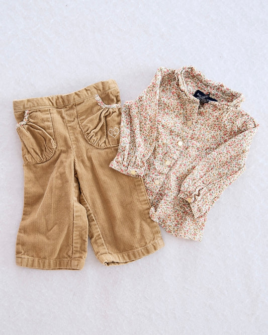 Vintage Ralph Lauren Baby Girl Floral Blouse and Tan Corduroy Pants Set: 9M - Yellow Clover Vintage Kids Clothes