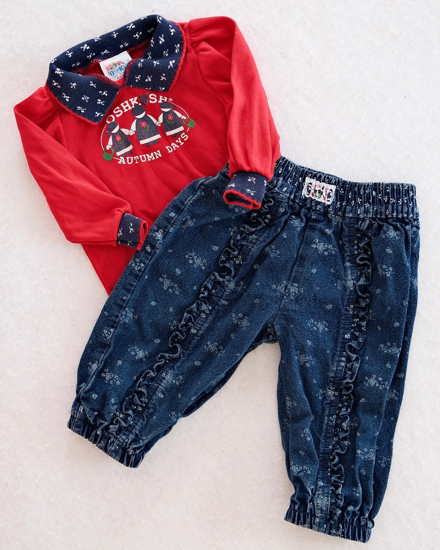 Vintage OshKosh “Autumn Days” Top & Ruffle Denim Pant Set: 12m - Yellow Clover Vintage Kids Clothes