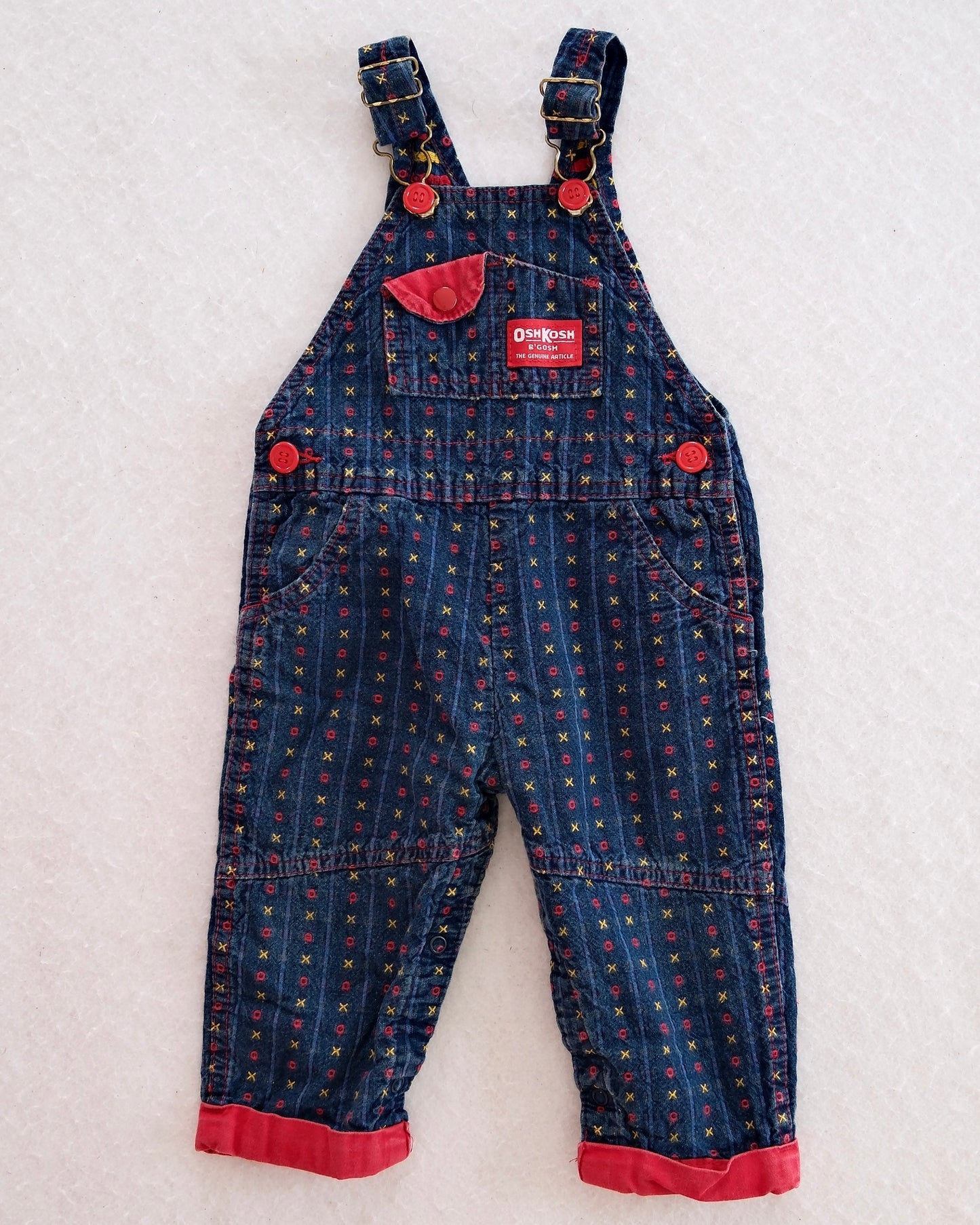 Vintage OshKosh Patterned Denim Overalls with Red Trim: 18m - Yellow Clover Vintage Kids Clothes