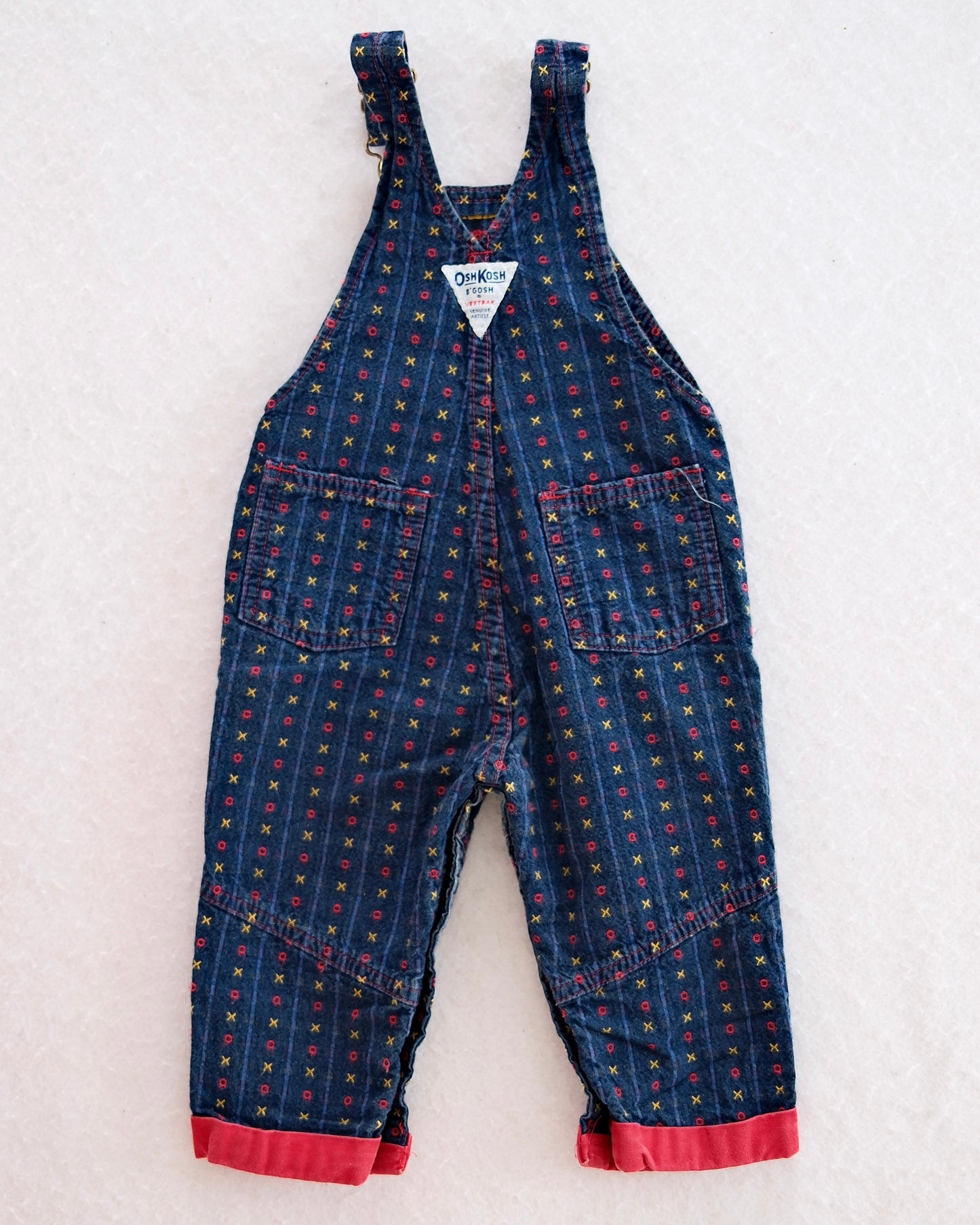 Vintage OshKosh Patterned Denim Overalls with Red Trim: 18m - Yellow Clover Vintage Kids Clothes
