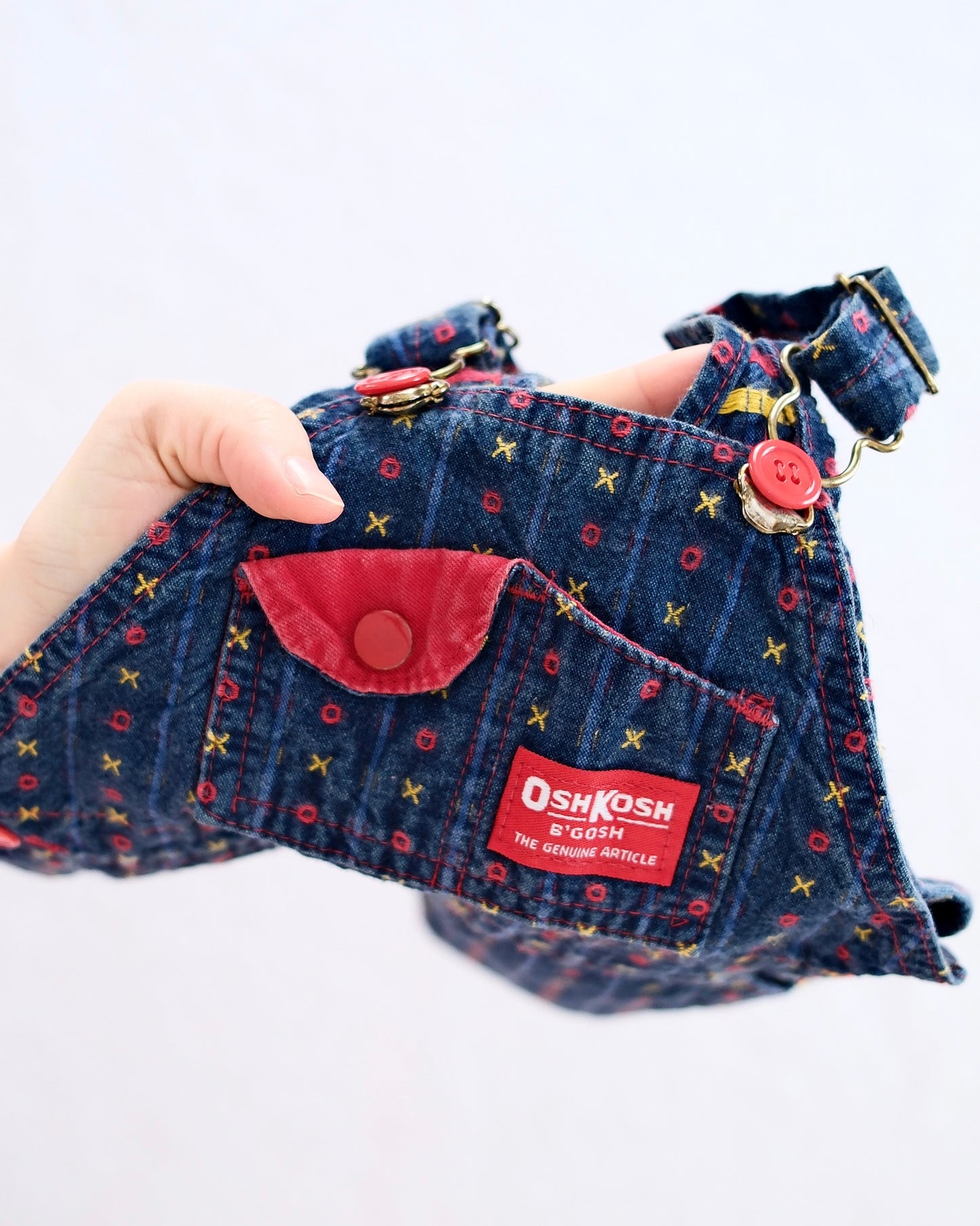 Vintage OshKosh Patterned Denim Overalls with Red Trim: 18m - Yellow Clover Vintage Kids Clothes