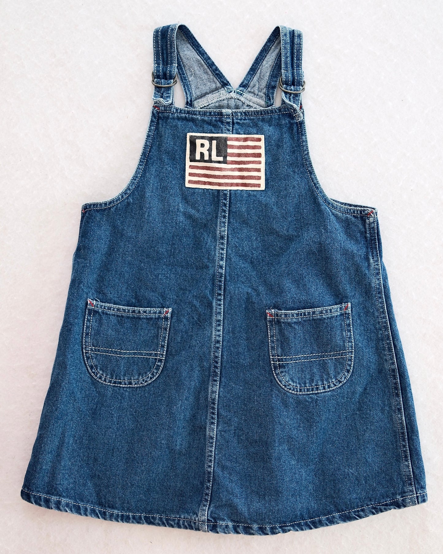 Vintage Polo Ralph Lauren Denim Jumper Dress with Flag Logo: 6X - Yellow Clover Vintage Kids Clothes
