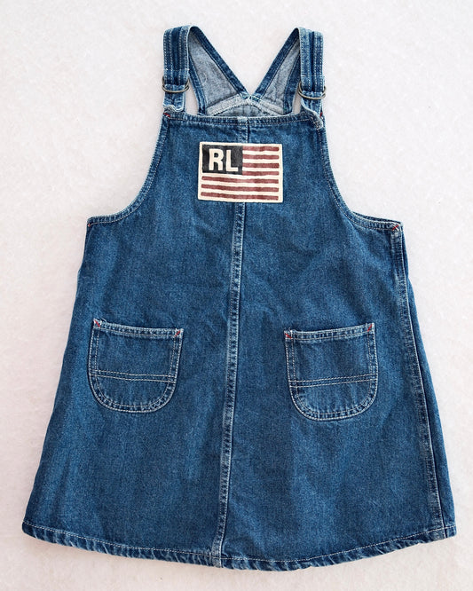 Vintage Polo Ralph Lauren Denim Jumper Dress with Flag Logo: 6X - Yellow Clover Vintage Kids Clothes