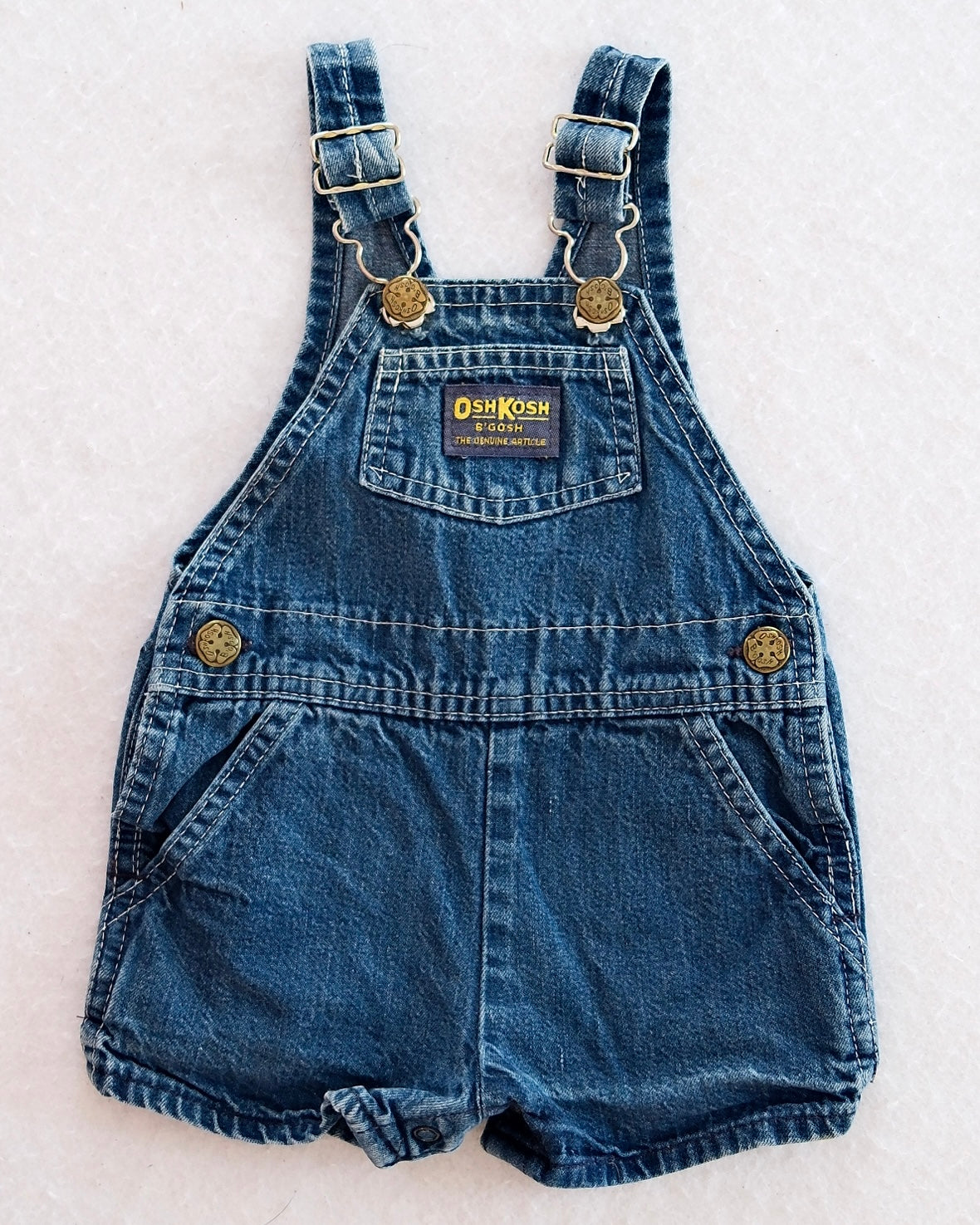 Vintage OshKosh Medium Wash Denim Shortalls: 6–9m - Yellow Clover Vintage Kids Clothes