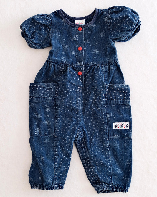 Vintage OshKosh Floral Denim Puff Sleeve Romper: 12m