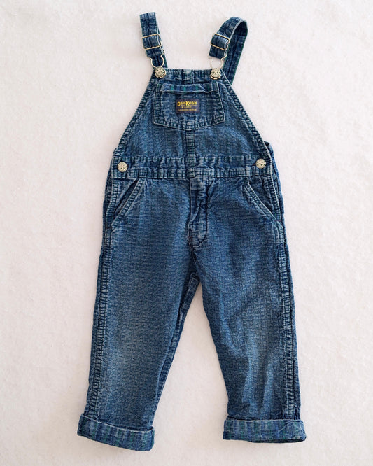 Vintage OshKosh Medium Wash Green Weave Denim Overalls: 3T