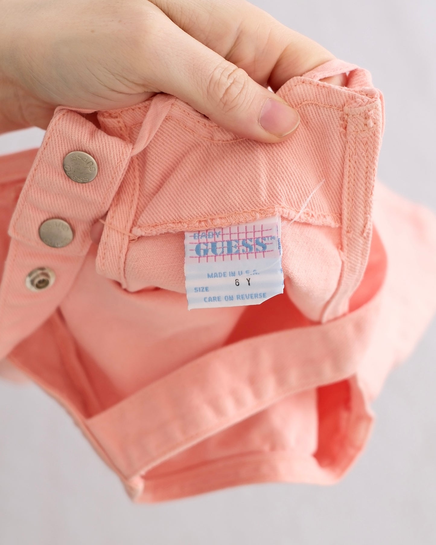 Vintage Baby Guess Peach/Pink Denim Overall Jumper Dress: Size 6Y - Yellow Clover Vintage Kids Clothes