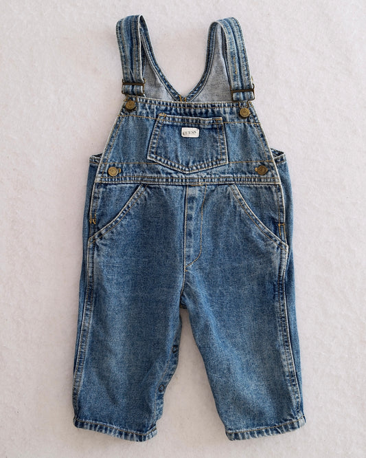 Vintage Baby Guess Medium Wash Denim Overalls with Triangle Logo Patch: 12 Months - Yellow Clover Vintage Kids Clothes