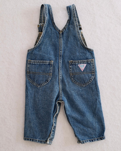 Vintage Baby Guess Medium Wash Denim Overalls with Triangle Logo Patch: 12 Months - Yellow Clover Vintage Kids Clothes