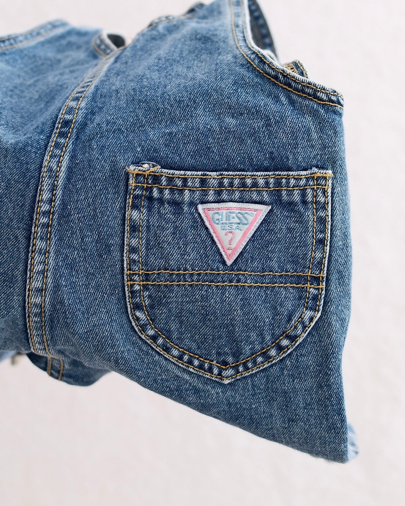 Vintage Baby Guess Medium Wash Denim Overalls with Triangle Logo Patch: 12 Months - Yellow Clover Vintage Kids Clothes