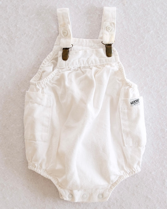 Vintage Guess Products White Denim Bubble Romper with Brass Clip Straps: 18m - Yellow Clover Vintage Kids Clothes