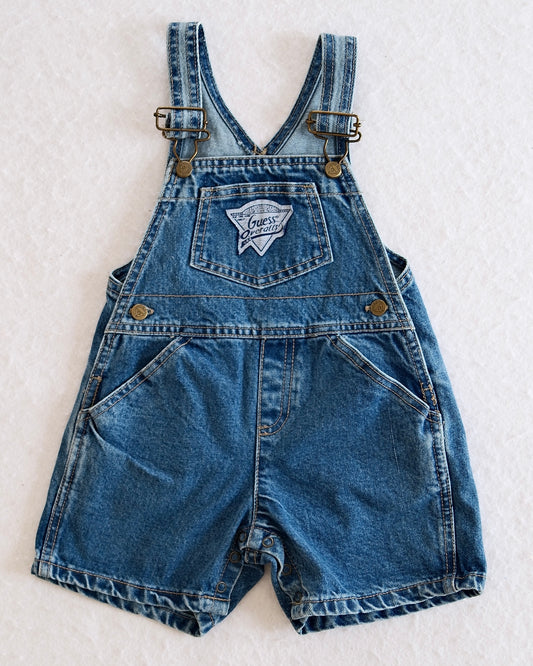 Vintage Guess Overalls Medium Wash Denim Shortalls with Triangle Logo Patch: 18M - Yellow Clover Vintage Kids Clothes