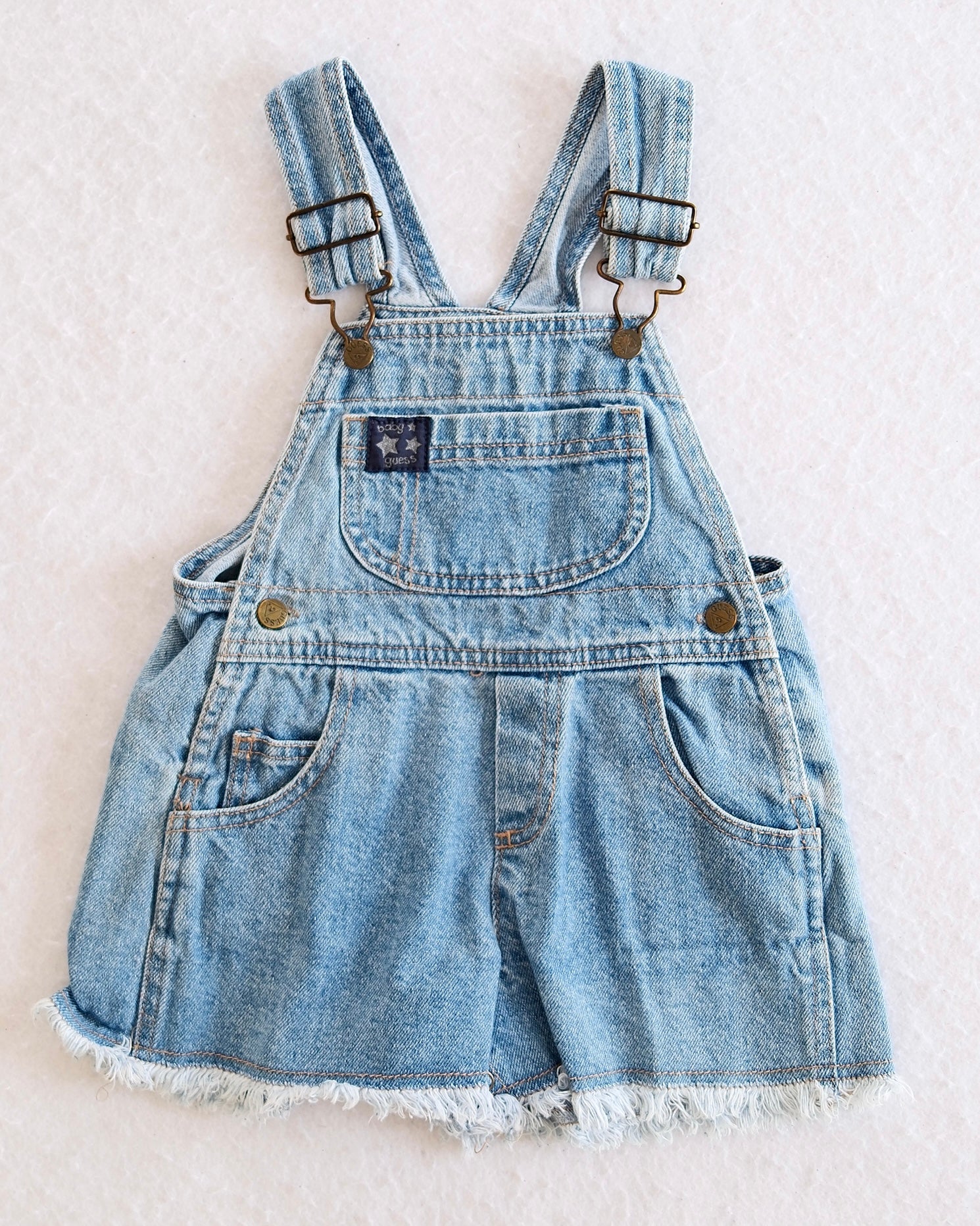 Vintage Baby Guess Light Wash Denim Shortalls with Frayed Hem and Brass Hardware: 18m? - Yellow Clover Vintage Kids Clothes