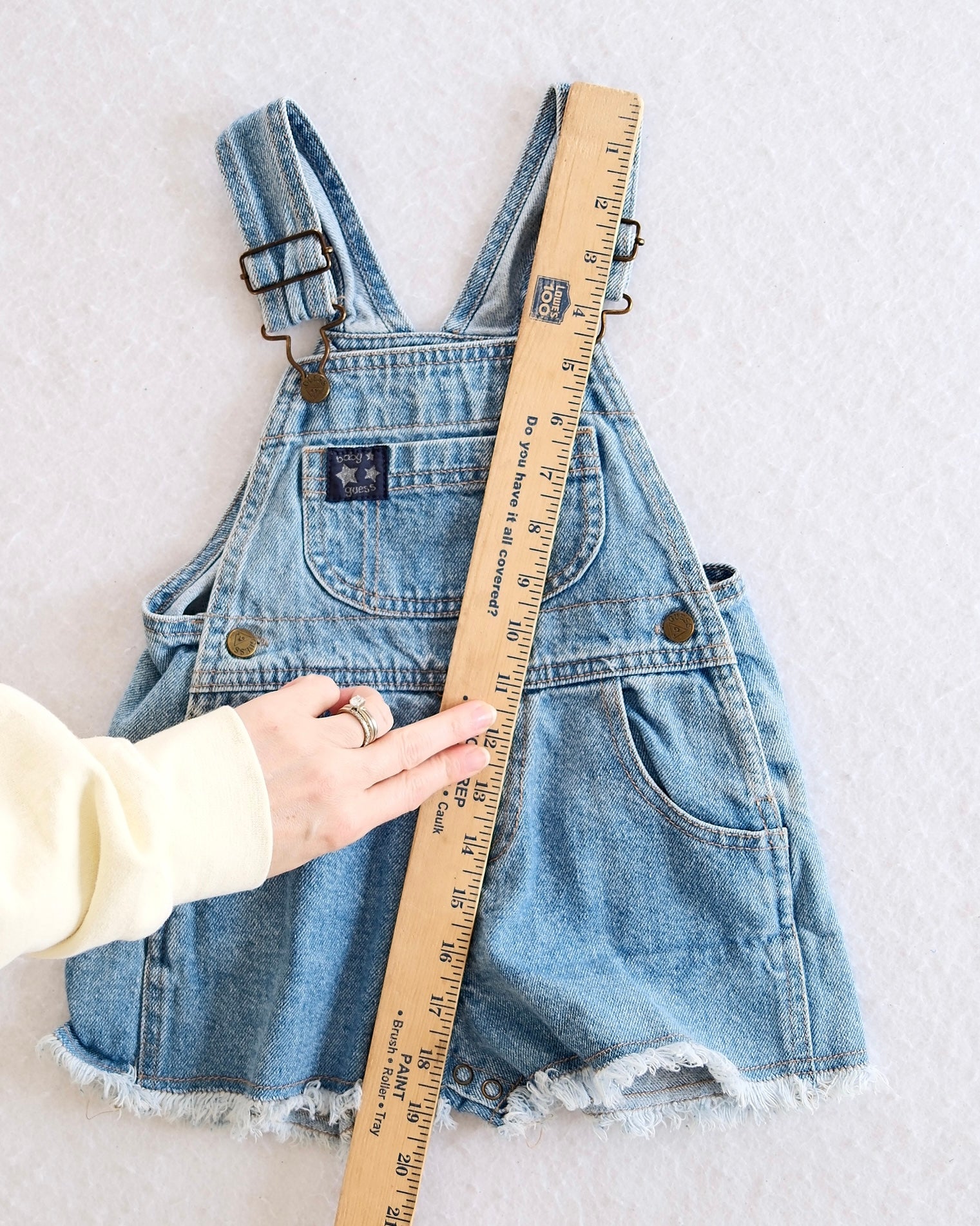 Vintage Baby Guess Light Wash Denim Shortalls with Frayed Hem and Brass Hardware: 18m? - Yellow Clover Vintage Kids Clothes