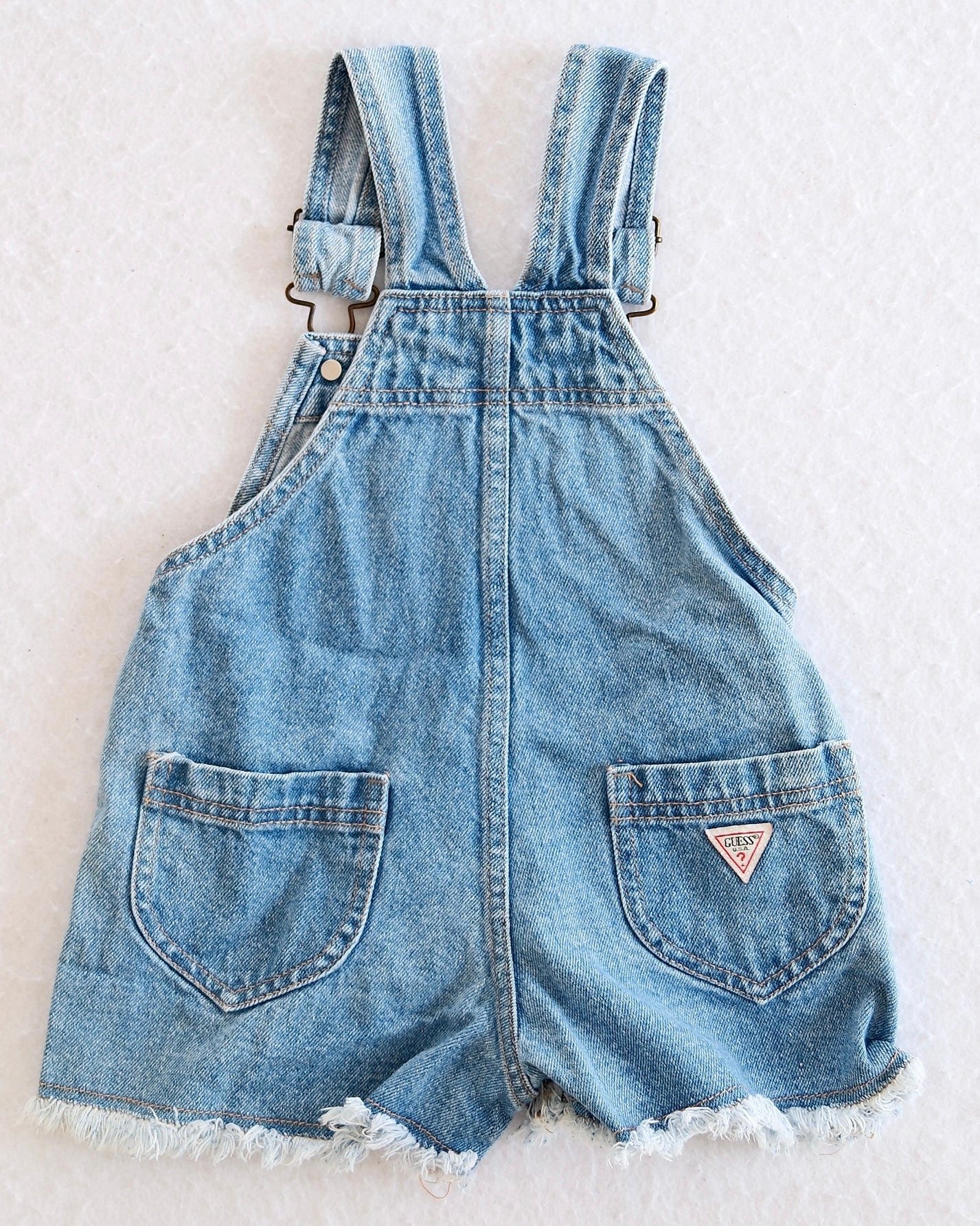 Vintage Baby Guess Light Wash Denim Shortalls with Frayed Hem and Brass Hardware: 18m? - Yellow Clover Vintage Kids Clothes
