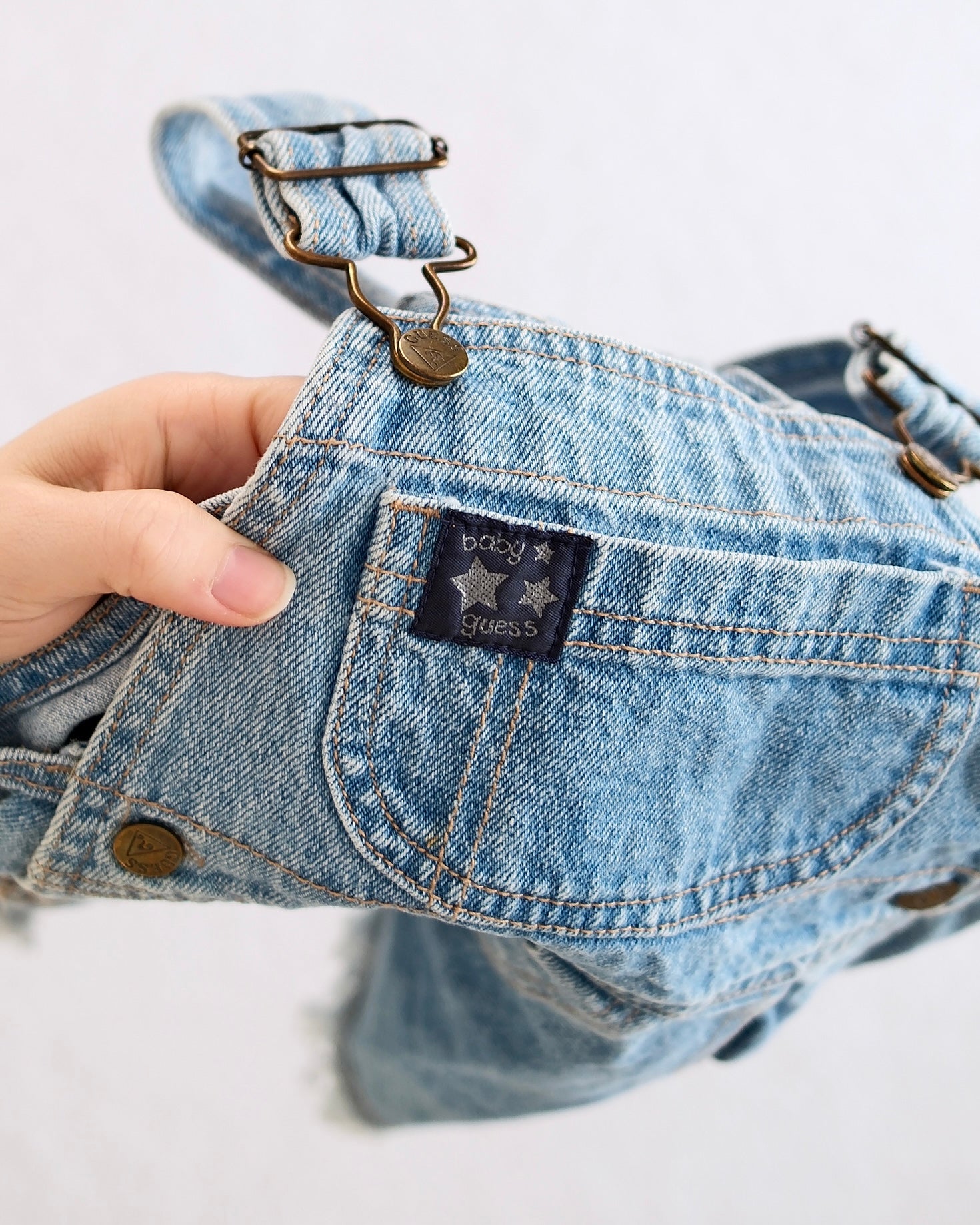 Vintage Baby Guess Light Wash Denim Shortalls with Frayed Hem and Brass Hardware: 18m? - Yellow Clover Vintage Kids Clothes